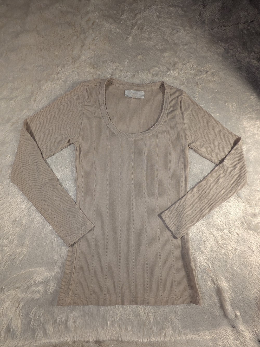 THE GREAT. Ribbed Scoop Neck Long Sleeve Top - Beige